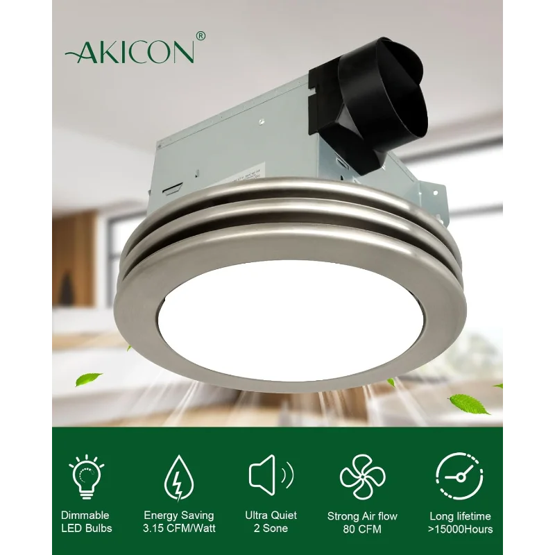 Akicon Exhaust Fan with Light, Ultra Quiet 80 CFM 2.0 Sones Ventilation Exhaust Bathroom Fan with Light, 3000K/4000K/5000K