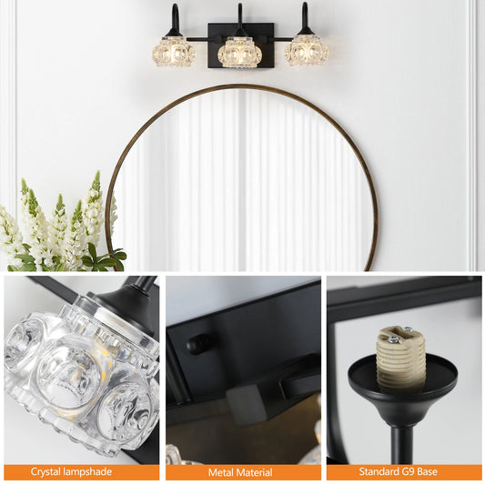 17" Retro 3-Light Bathroom Vanity Light Fixture - Black Finish with Crystal Glass Shades, Wall Mounted Lighting