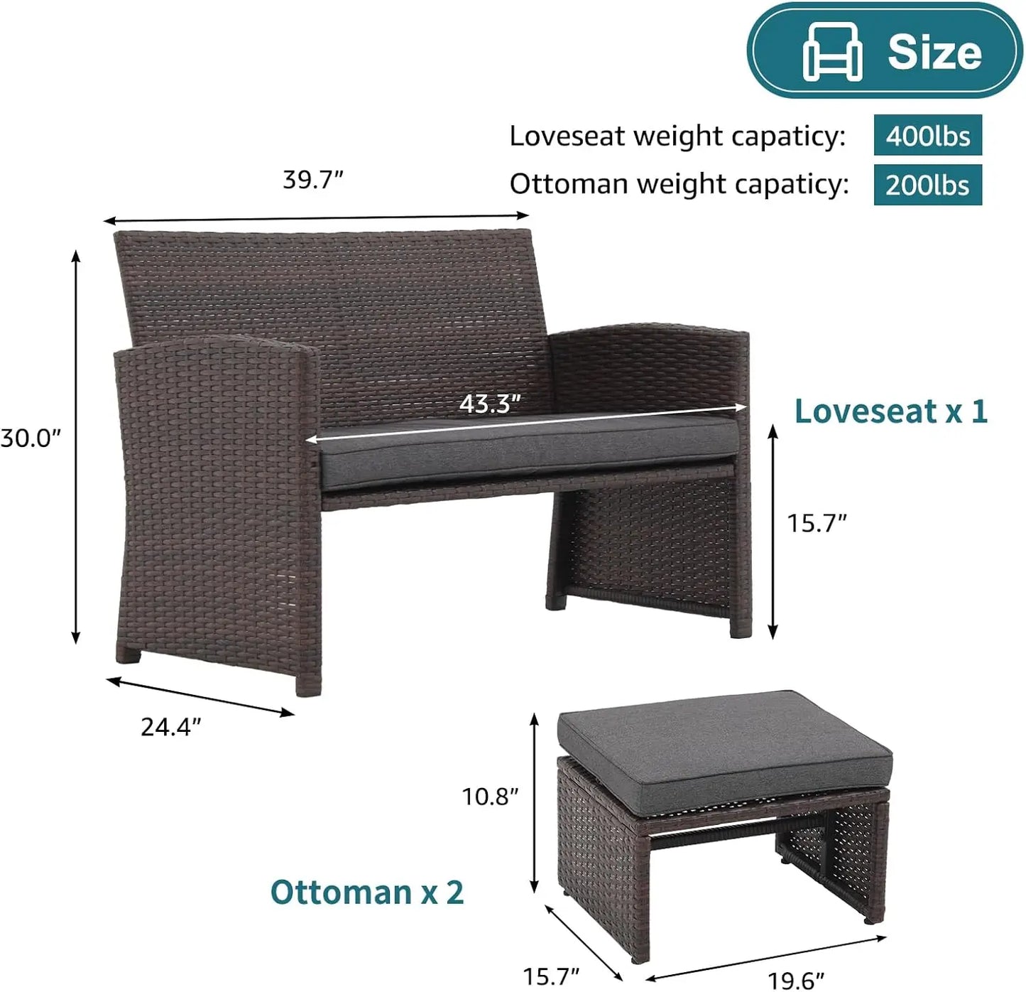 Outdoor Loveseat 3 Piece Patio Furniture Set Outdoor Conversation Set All-Weather Wicker Love Seat with Ottoman/Side Table, Brow