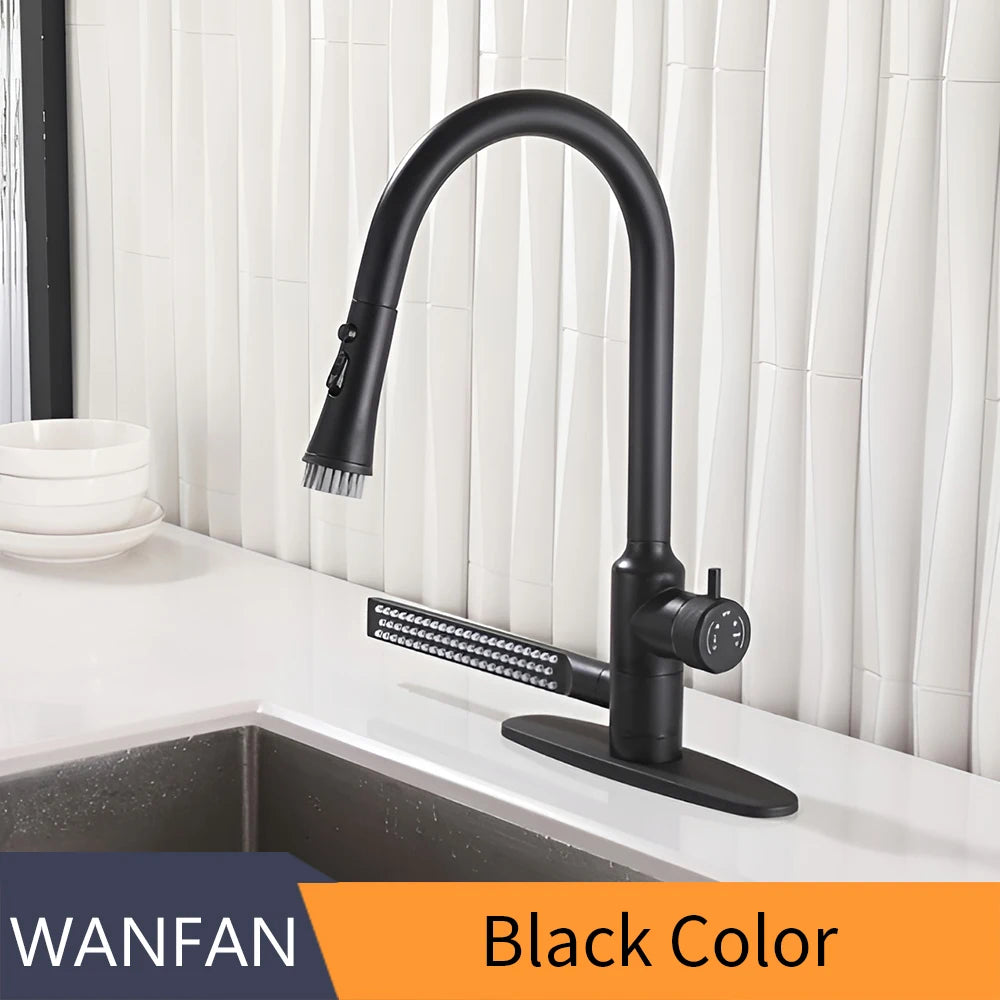 Modern Minimalist Black Kitchen Faucets Multifunctional Pull Out Tap Single Hole Handle Grey 360° Swivel Water Mixer Tap 0366