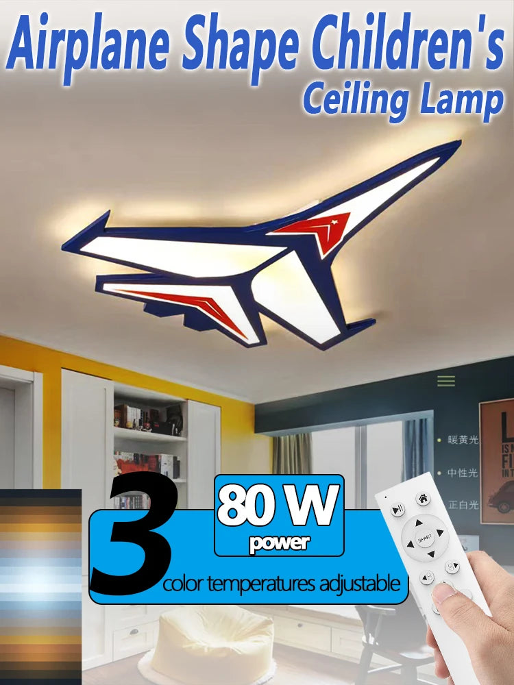Kids' Room Aircraft Ceiling Light, Creative Cartoon Smart Remote-Controlled Eye-Caring Lamp for Boys' Bedroom