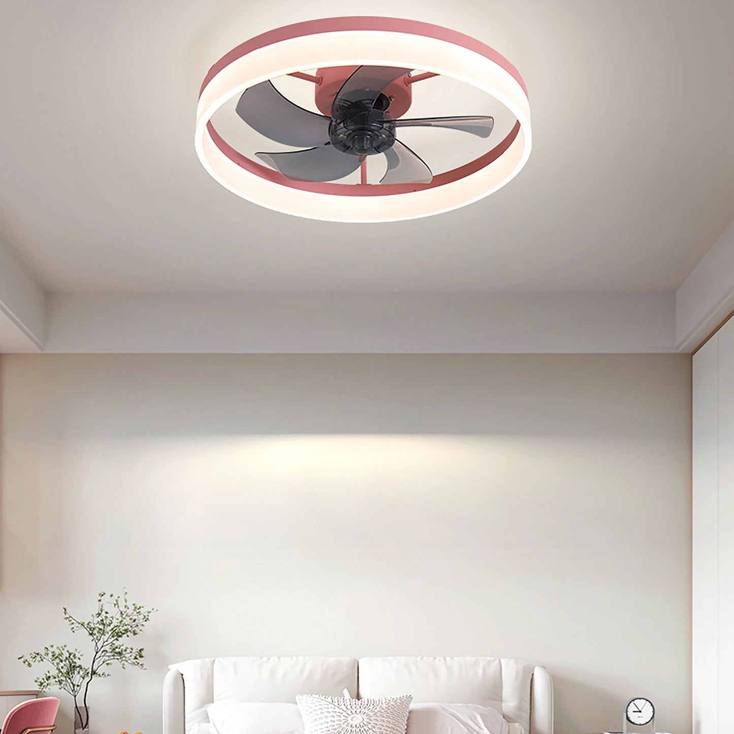 Modern Ceiling Fan with LED Light, Low-Profile Flush Mount,6-Speed Adjustable, Ideal for Bedroom and Living Room （Rose Gold）