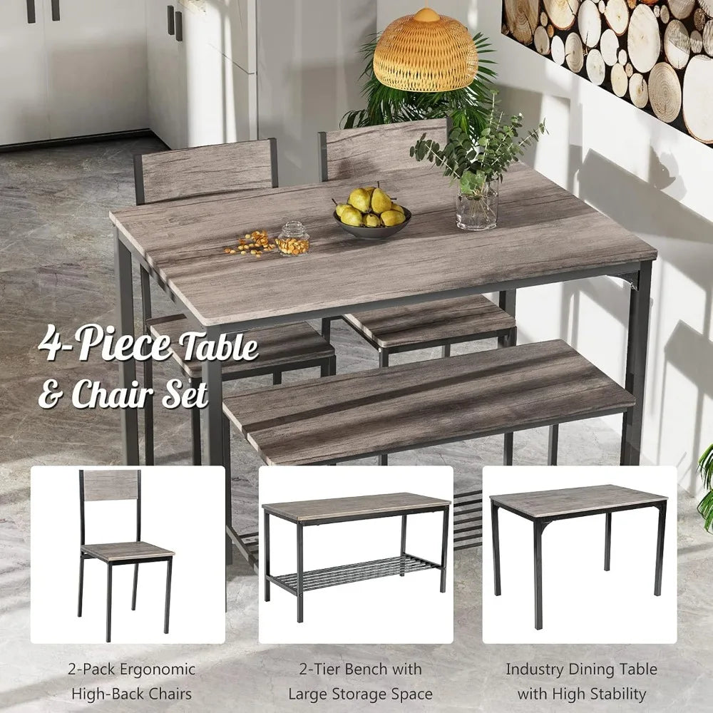 Dining Table Set for 4, Kitchen Table with Bench and Chairs, Industrial Gathering Bench Dining Set W/Metal Frame & Storage Rack