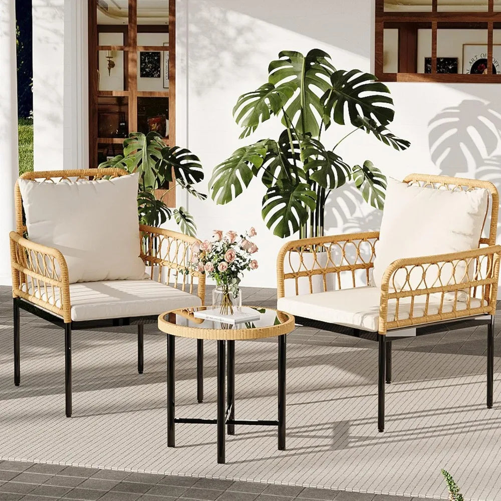 Wicker 3 Pieces Patio Bistro Sets with Glass Top Side Table and 2 Modern Rattan Chairs,for Backyard, Garden Furniture Set