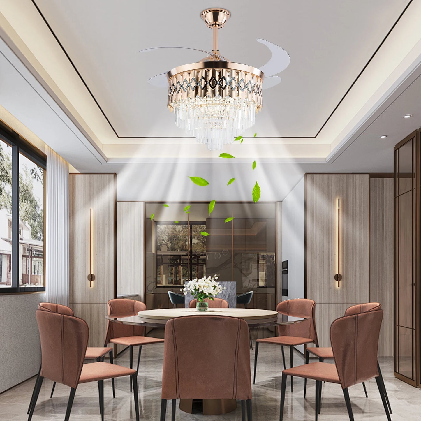 42 Inch Modern Ceiling Fan Light with Remote Retractable Blades 3-Color LED & Copper Finish 6-Speed Quiet Motor for Bedroom