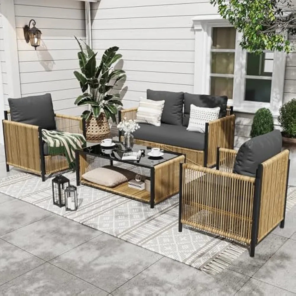 "Patio Furniture Set 4 Pieces, Outdoor 4-Seat Sofa with 2-Tier Coffee Table & Waterproof Thick Cushions – Deep Seating Comfort"