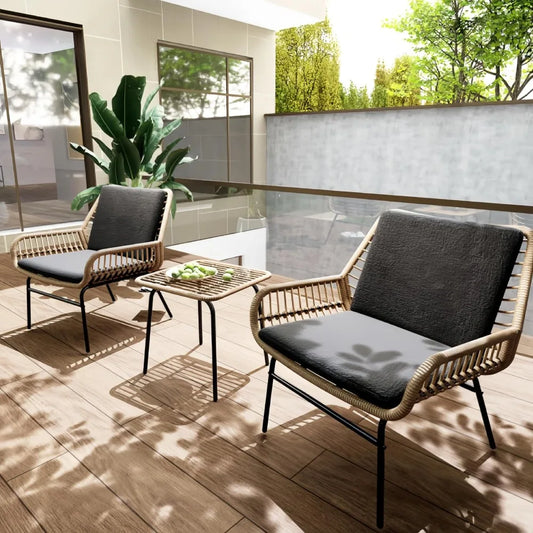 3 Piece Outdoor Patio Furniture Set, Rattan Patio Bistro Sets, All-Weather Wicker 2 Chairs with Cushions and Coffee Table