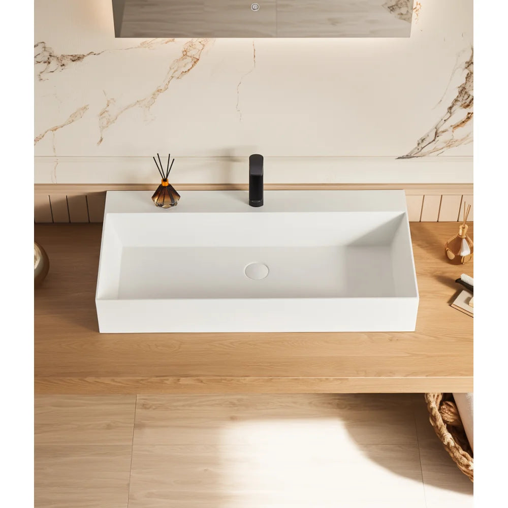 36" x 18" Solid Surface Wall Mount Rectangle Matte White Vessel Sink with Faucet Hole