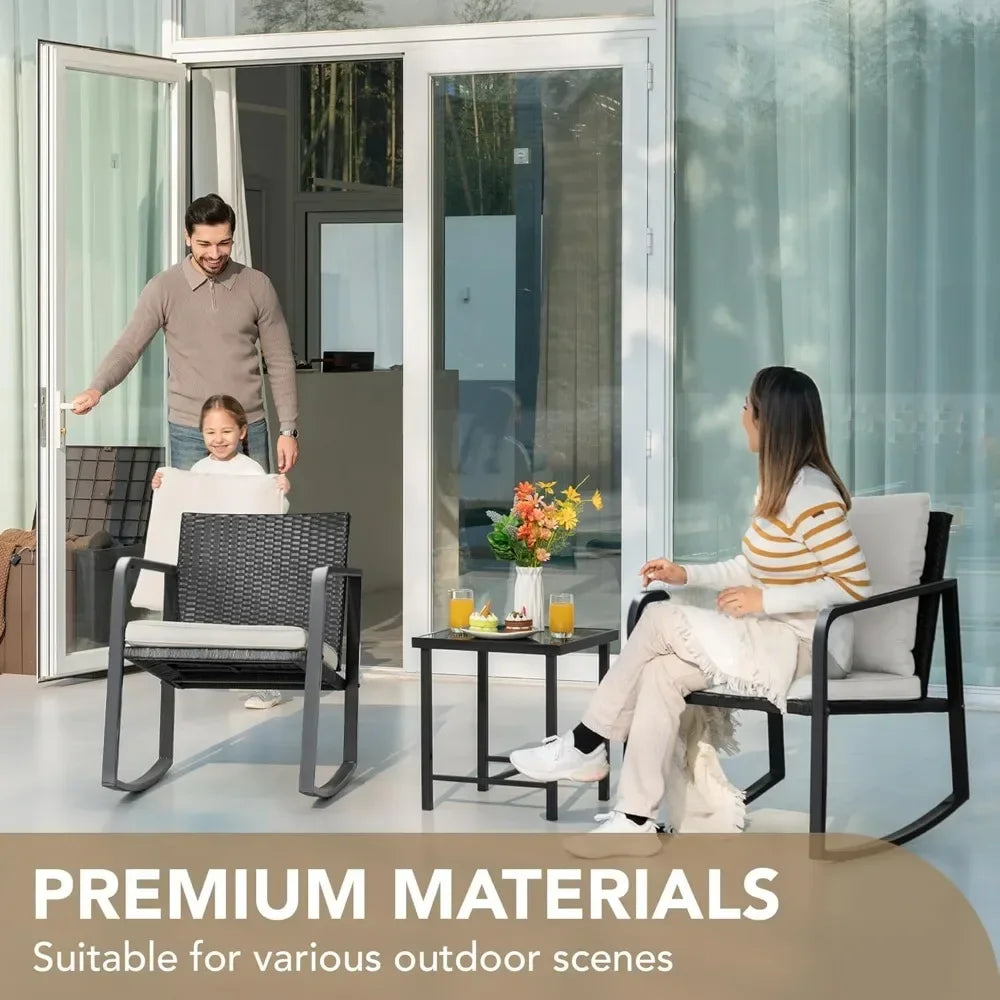 Piece Rocking Bistro Set Wicker Patio Outdoor Furniture Porch Chairs Conversation Sets with Glass Coffee Table