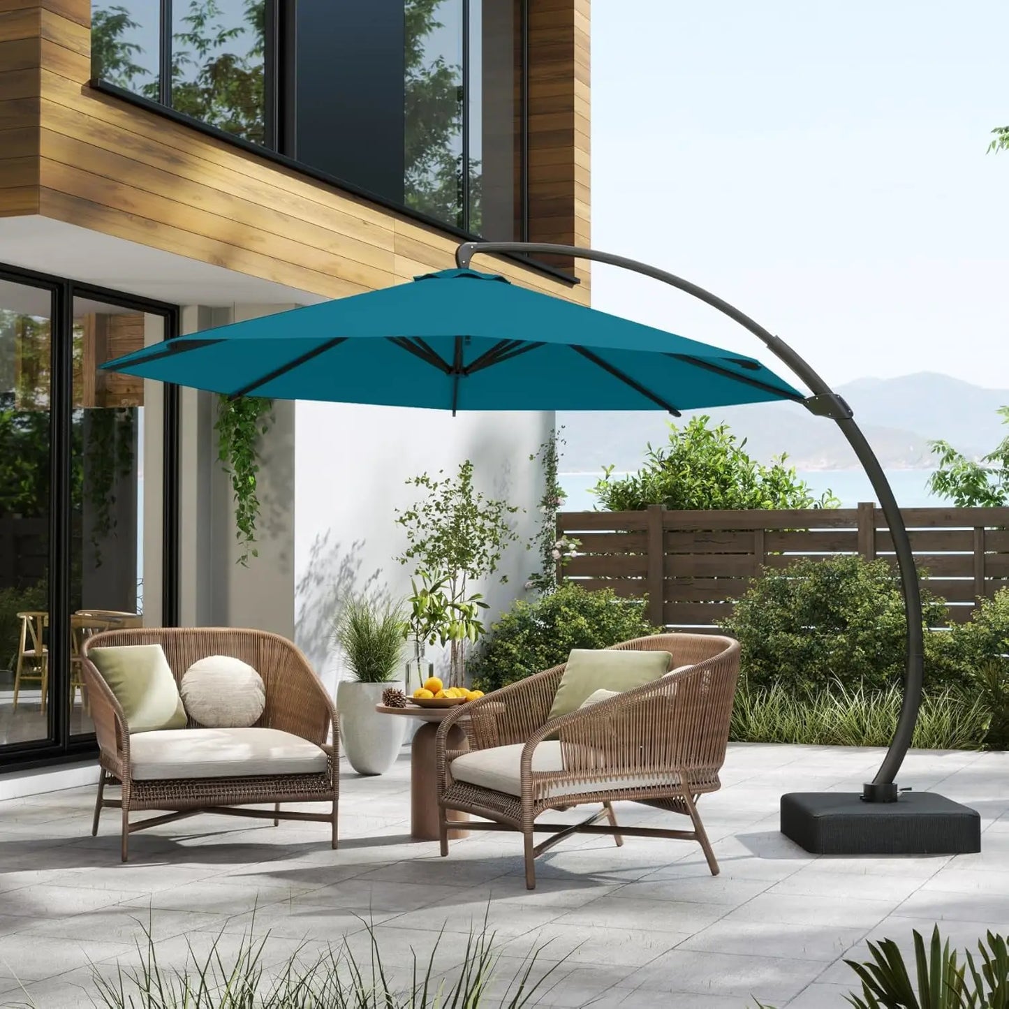 11FT Cantilever Umbrella with Base Large Curvy Outdoor Aluminum Offset Umbrella w/ 360° Rotation, UV Resistant Canopy for Patio