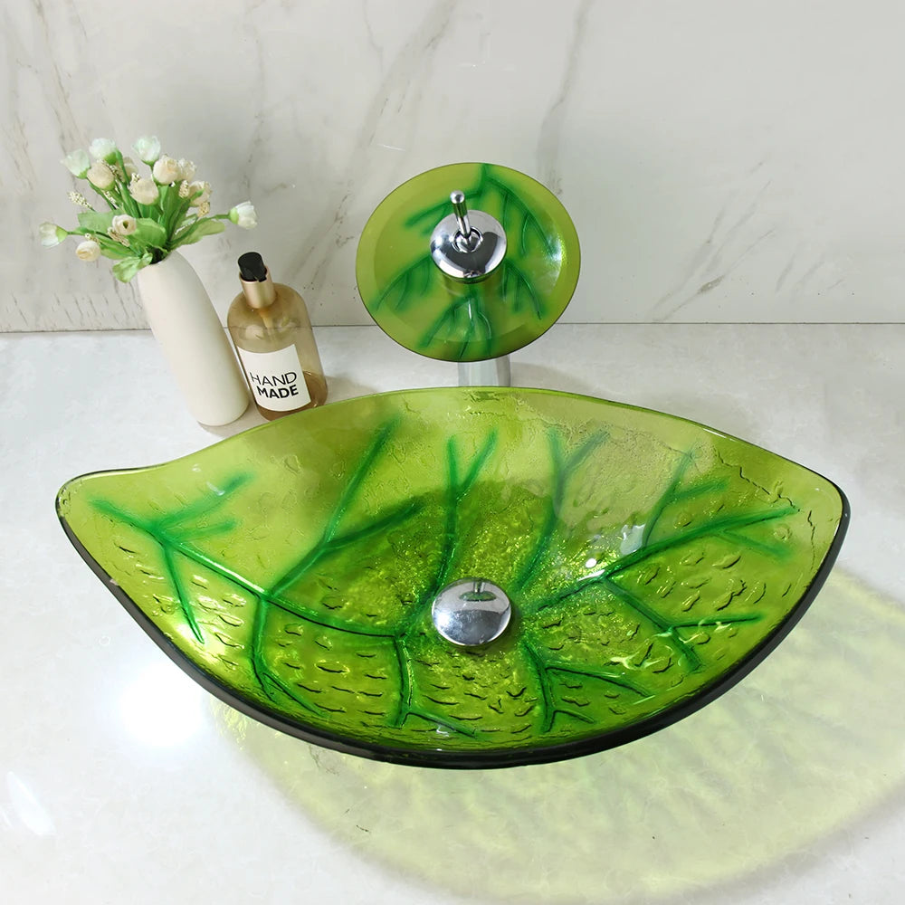 KEMAIDI Green Leaf Shape Bathroom Wash Basin Sink Faucet Combo Temper Glass Vessel Basin Sinks W/ Waterfall Mixer Drain Sets