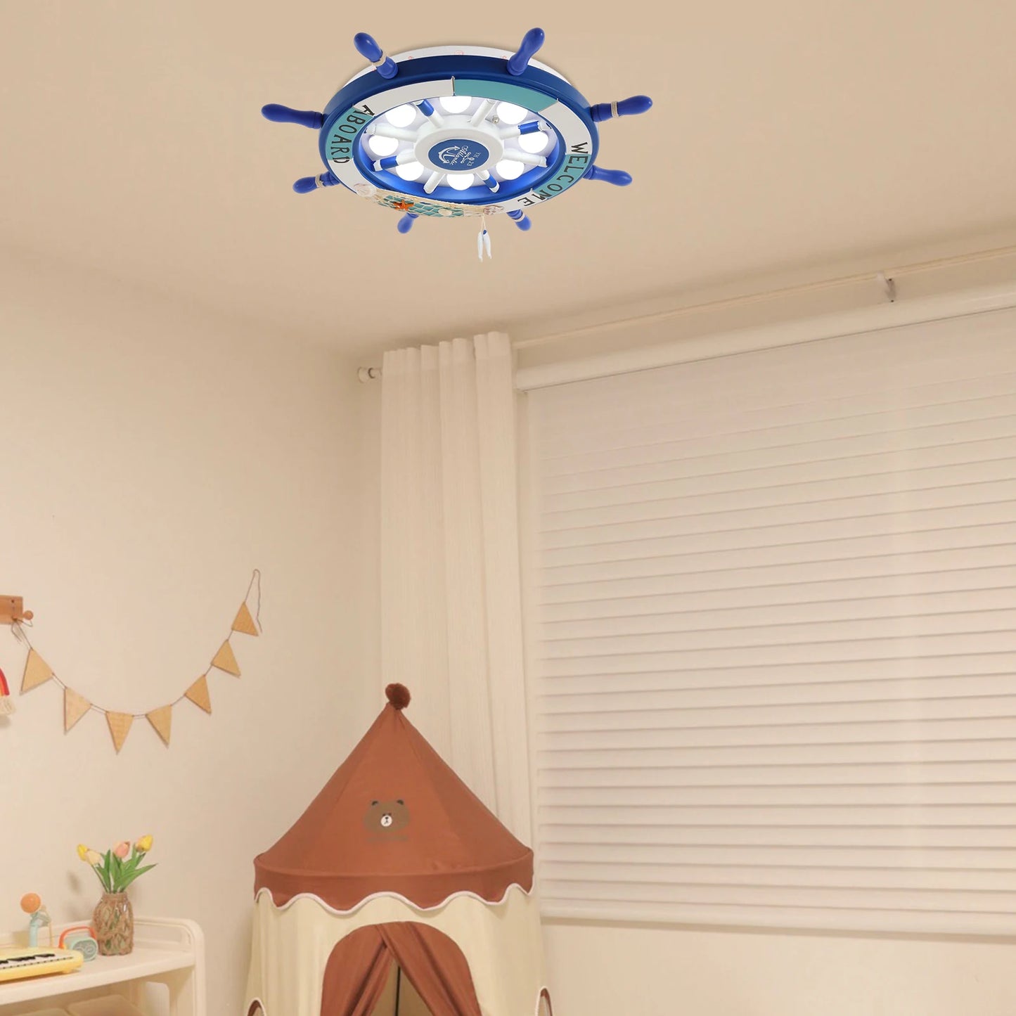 Modern Blue and White Wooden Ceiling Light, Bedroom Round LED Chandelier, 40W 6000K White Indoor Lighting Fixture for 10-12m²
