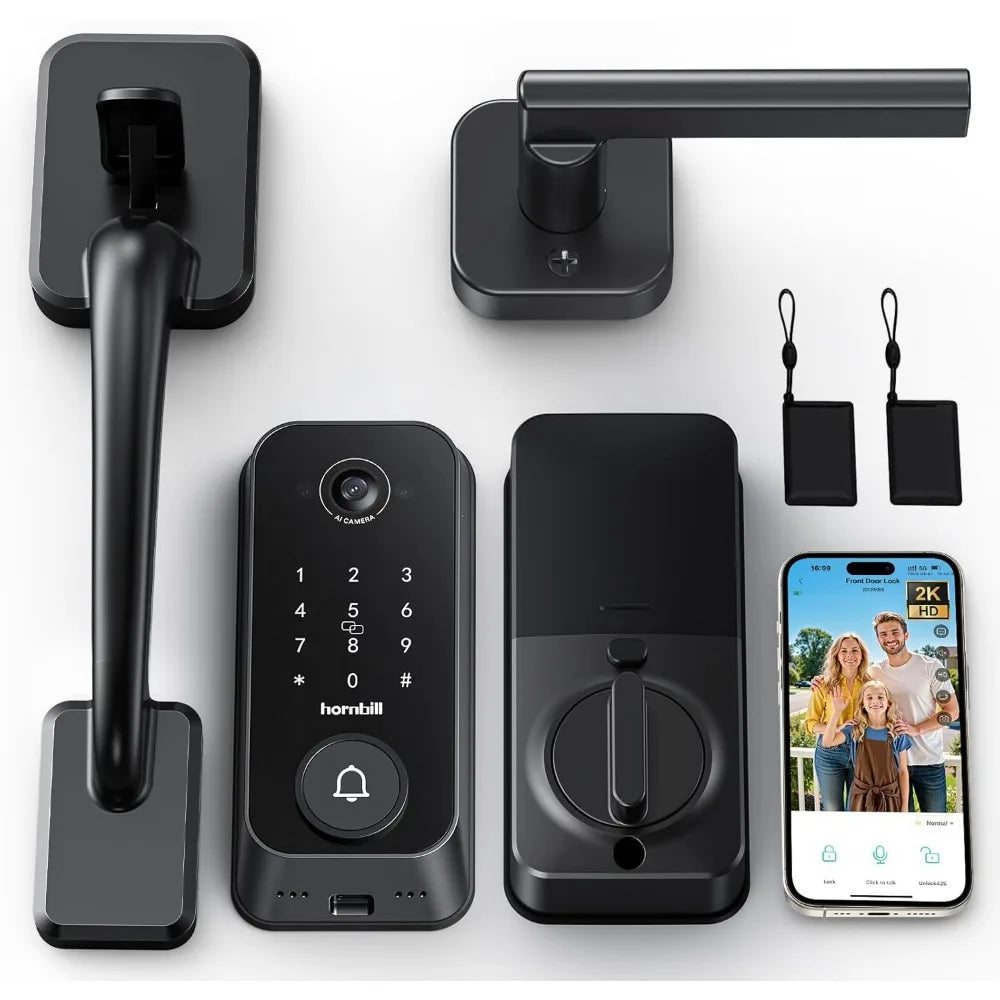 Smart Front Door Lock Sets: 2K HD Camera Lock with Doorbell Kits, Hornbill Fingerprint Keyless Entry Door Lock with Handles, WiF