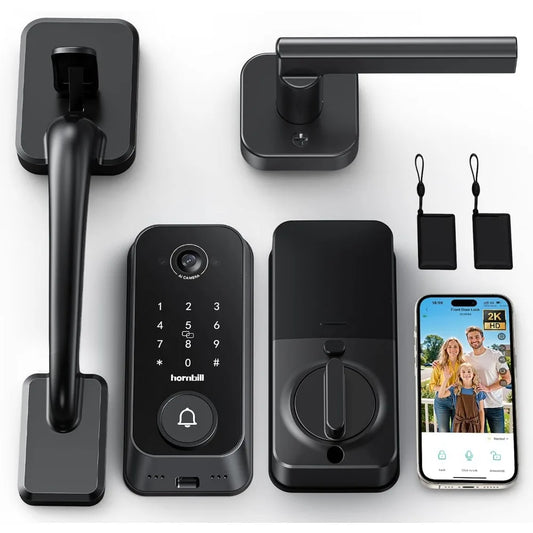 Smart Front Door Lock Sets: 2K HD Camera Lock with Doorbell Kits, Hornbill Fingerprint Keyless Entry Door Lock with Handles, WiF