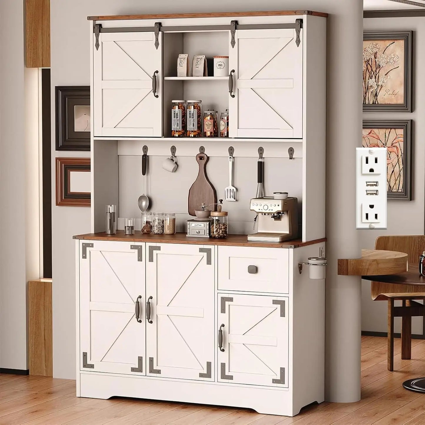 71" Kitchen Pantry Cabinet, Modern Kitchen Hutch Food Pantry with Charging Station and Microwave Stand, Pantry Storage Cabinets