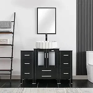 48" Modern Bathroom Vanity Sink Combo Black W/Small Side Cabinets Clear Boat Glass Vessel Sink & Water Save Faucet & Pop Up Dra