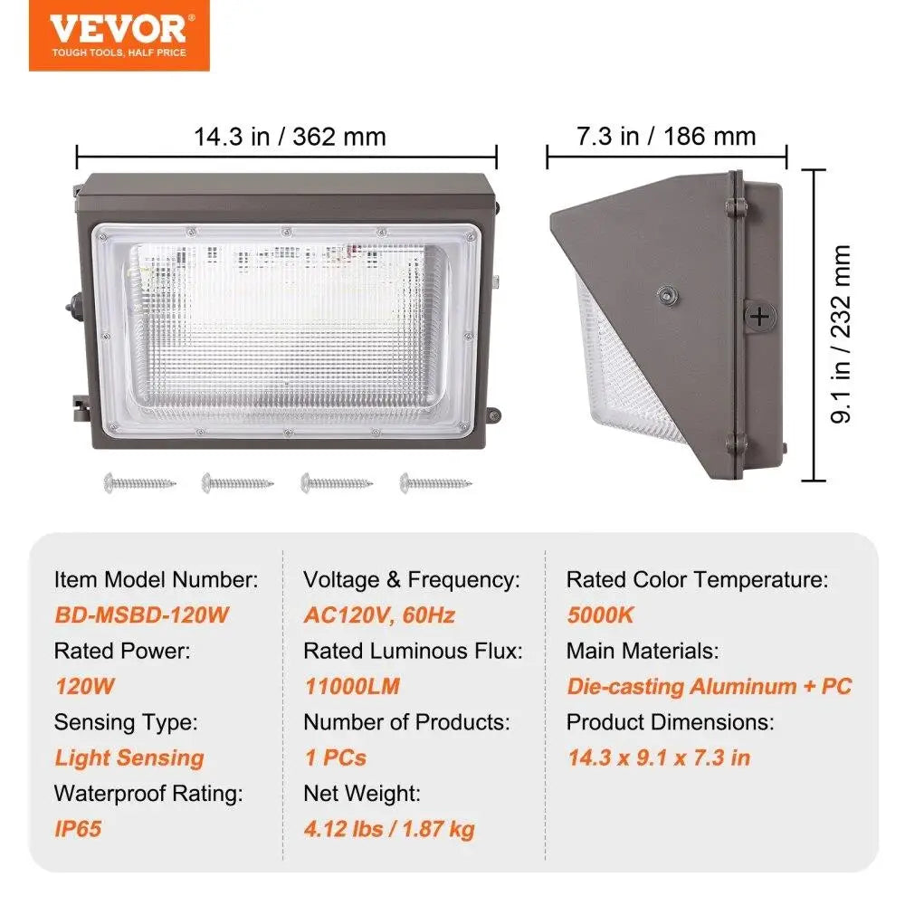 120W 11000LM LED Wall Pack Light 5000K Outdoor Security Smart Sensor Energy Saving IP65 Waterproof for garages Yards Lighting