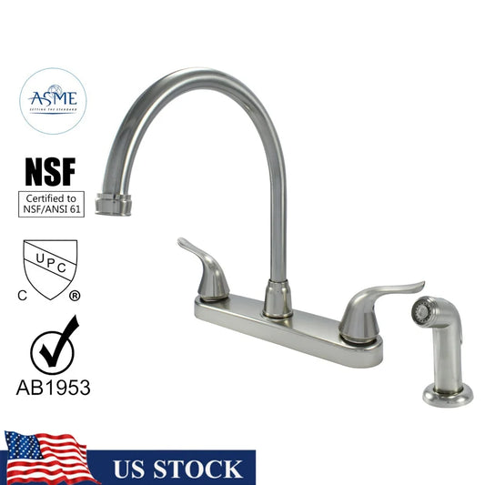 Non Metallic High Spout Double Handle Faucet Washerless Cartridge with Spray Brushed Nickel 1.8 GPM 8 Inch Installation Standard
