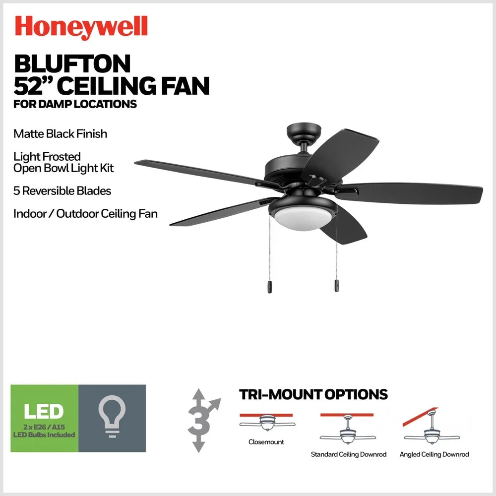 52 Inch Indoor Outdoor Ceiling Fan with Light Pull Chains Reversible Motor Dimmable Integrated Light Kit Medium Large Spaces