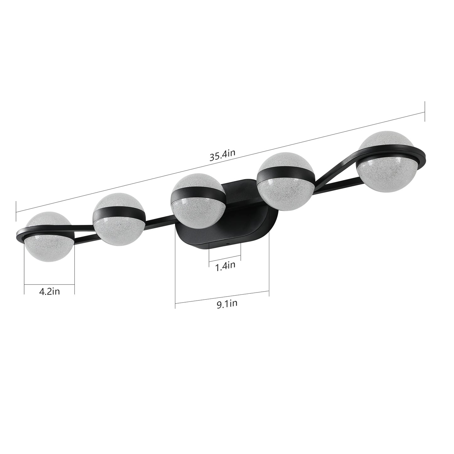 Modern Minimalist Bathroom Vanity Light, LED 5 Bulb Frosted Glass Shades, Wall Mounted Decorative Lighting Fixture (Black)