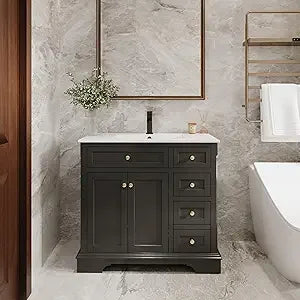 36" Bathroom Vanity with Sink Combo, Vintage Bathroom Vanities Storage Cabinet w/Painted Surface, Raised Arch Feet, Soft Closin