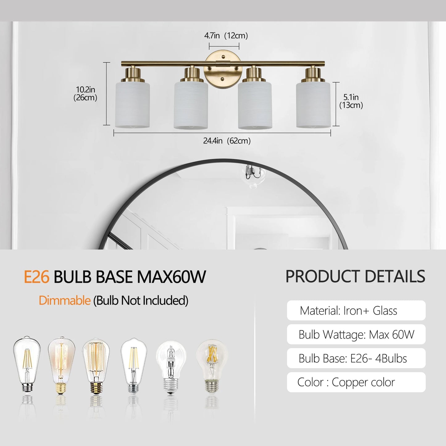24" Modern 4-Light Vanity Bathroom Mirror Light, Frosted White Glass with Iron Frame, Contemporary Wall Sconce