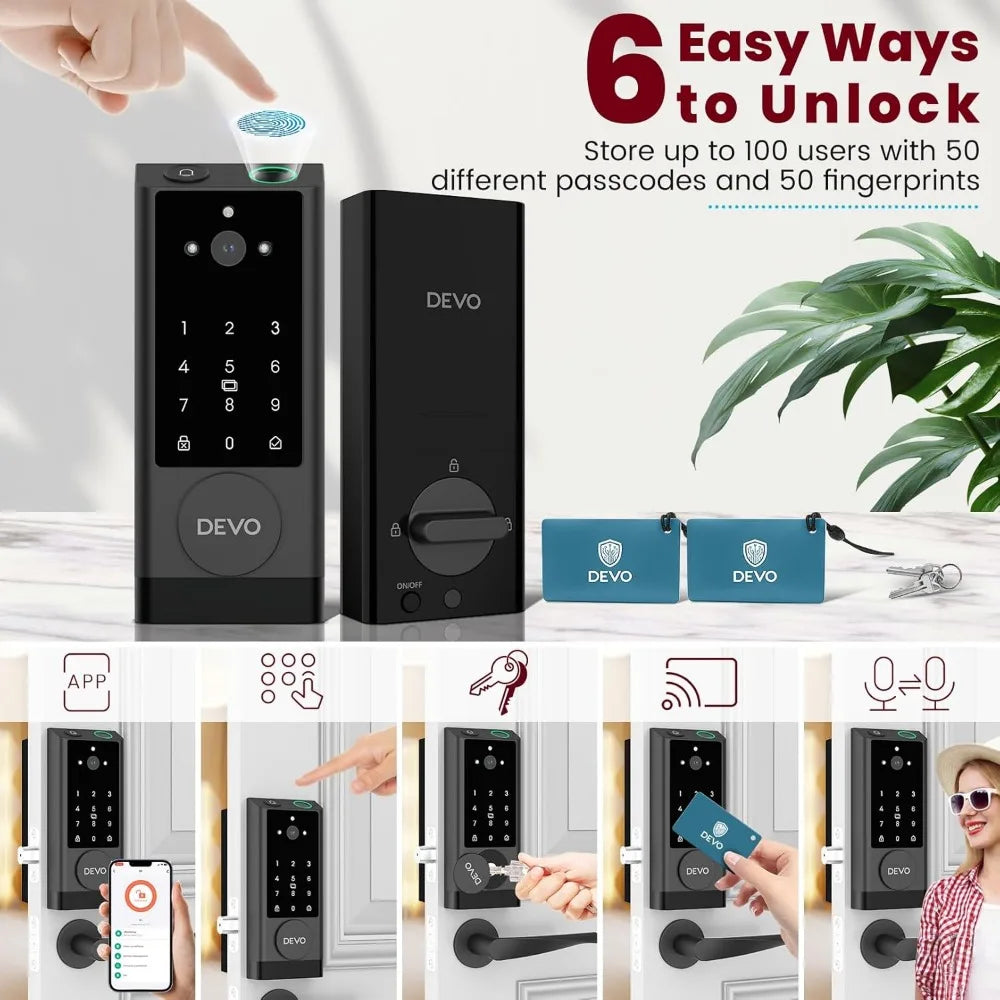 DEVO G1 Video Smart Lock with Camera & Doorbell, 6-in-1 Keyless Entry Door Lock with Fingerprint, App Remote, Auto Locks, Built-