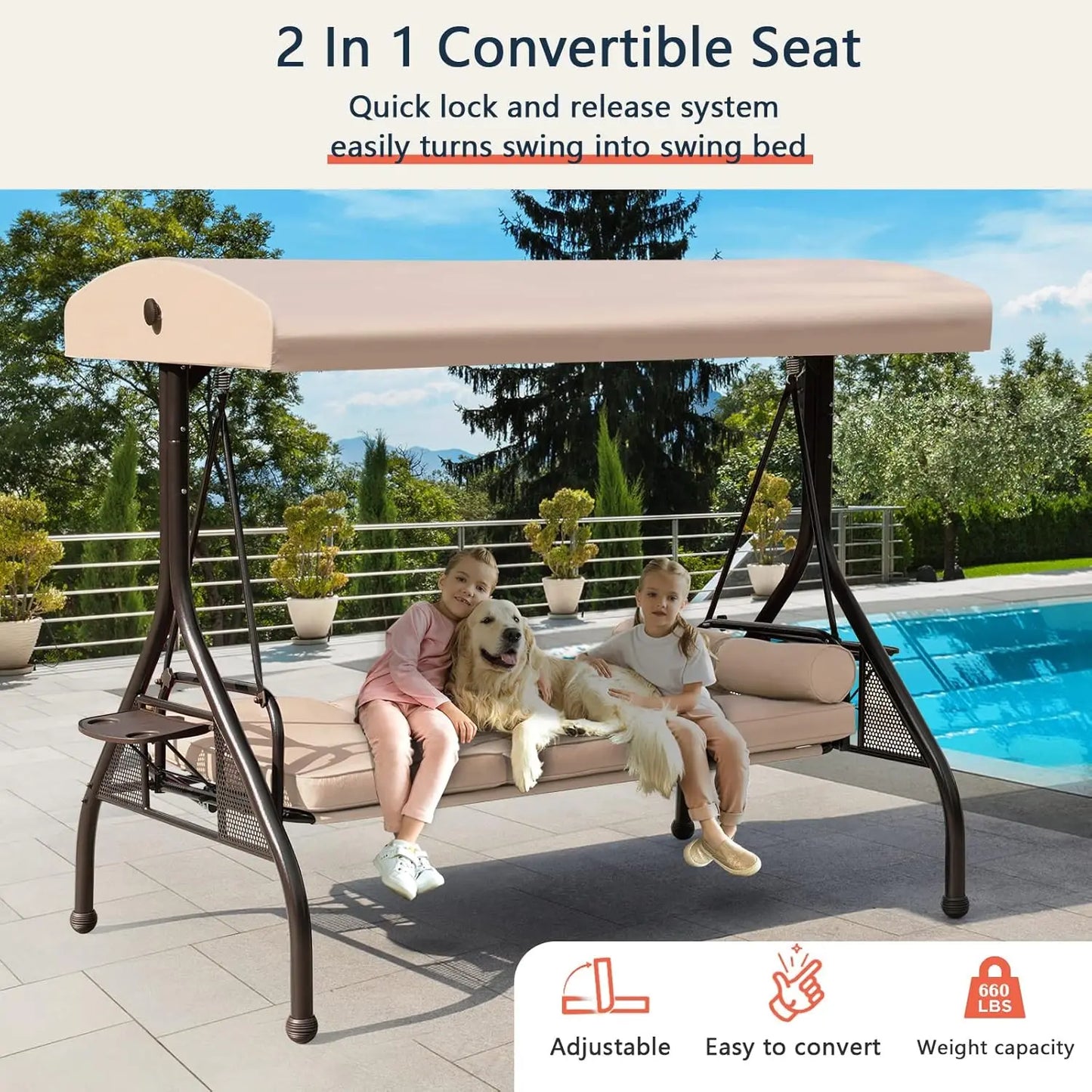 Patio Porch Swing, 3-Seat Outdoor Swing with Adjustable Canopy, Waterproof Fabric Cushion, Pillow and Foldable Side Tray for