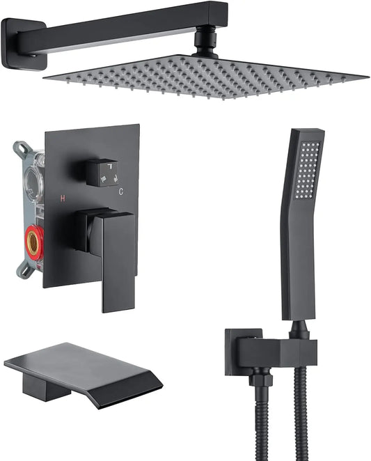 Black Concealed Shower System Rain Waterfall Bathroom Embedded Shower Faucet Set with Tub Spout