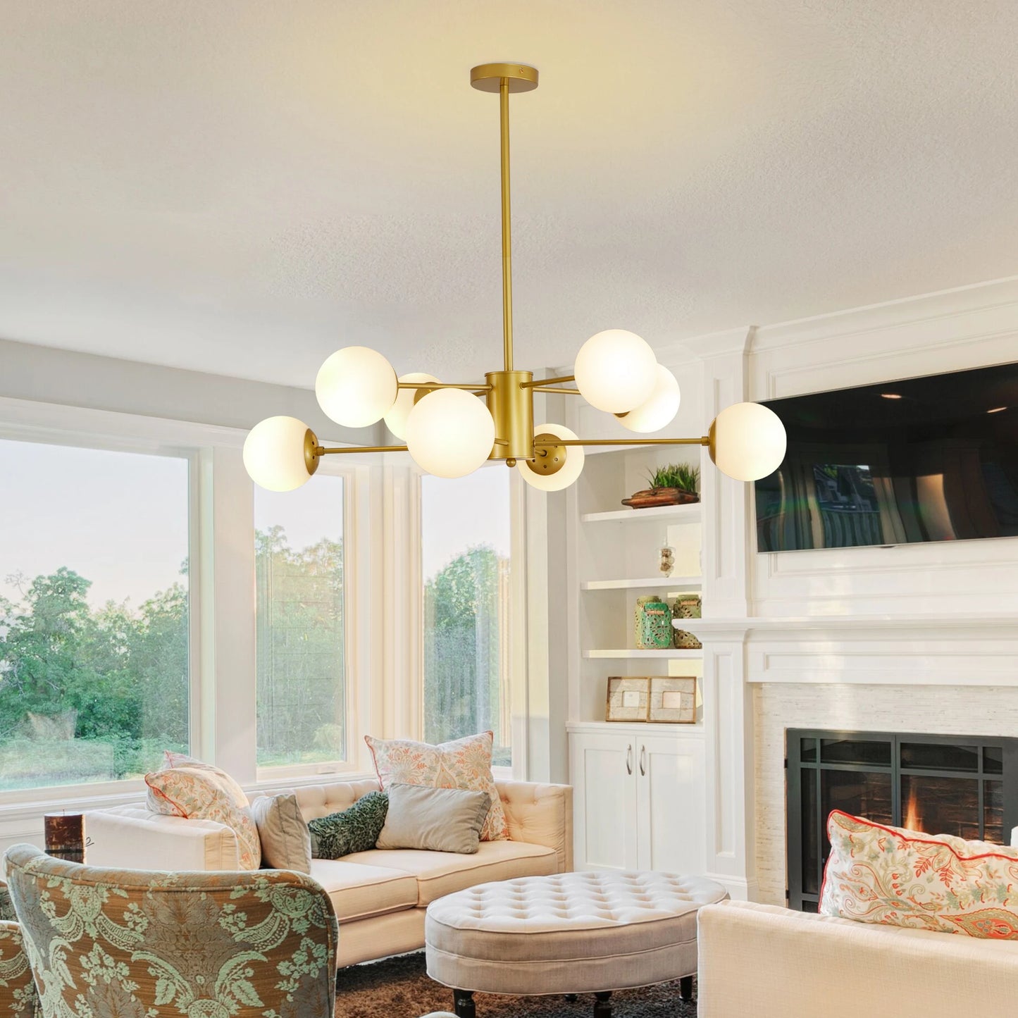 Modern 8-Light Gold Chandelier with White Glass Globe Shades, Elegant Ceiling Light Fixture (No Bulbs)