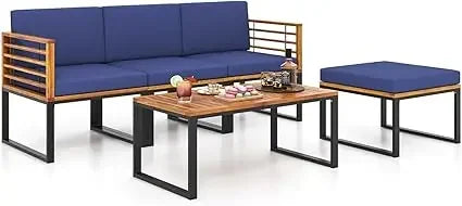 5 Piece Patio Furniture Set, Acacia Wood Sectional Set, Comfy Seat & Back Cushions, Outdoor Wood Conversation Chair Set (Beige)