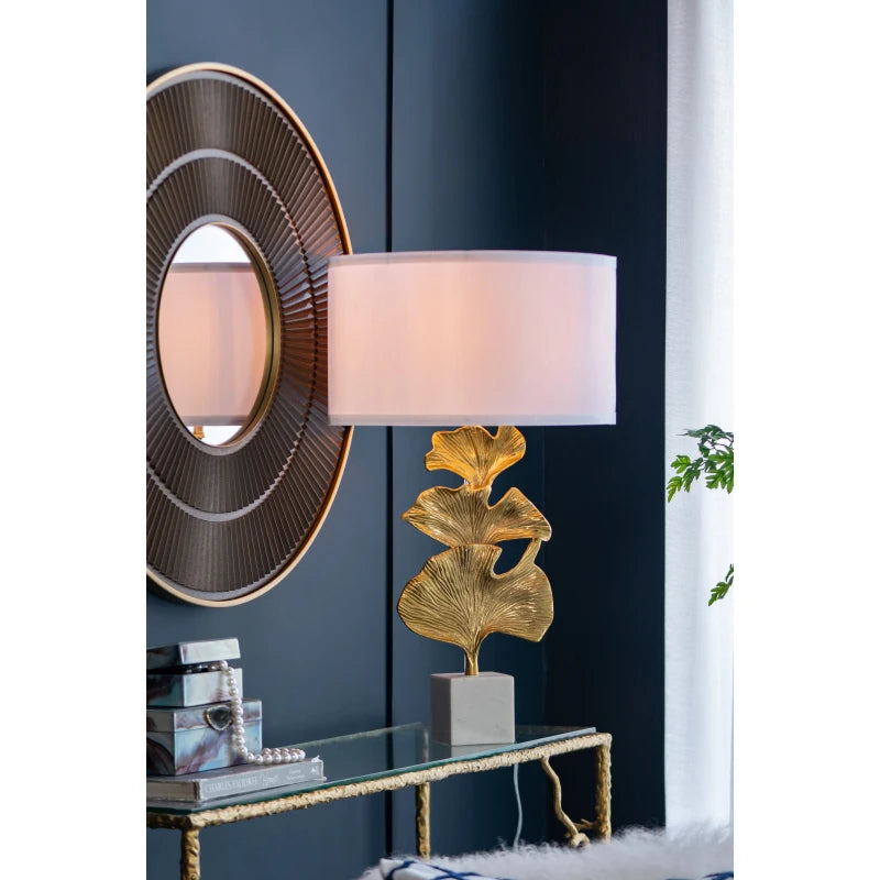 Aluminum Artistic Drum Drum shade Fabric Home Lamp Marble Shade Table D17x30.2 Gold Ginkgo Leaf Table Lamp with Marble Base and