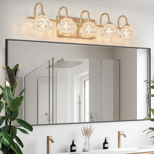 Modern Crystal Bathroom Vanity Light, 5-Light Golden Wall Sconce with Clear Glass Shade, Elegant Wall Mount Lighting(No Bulbs)