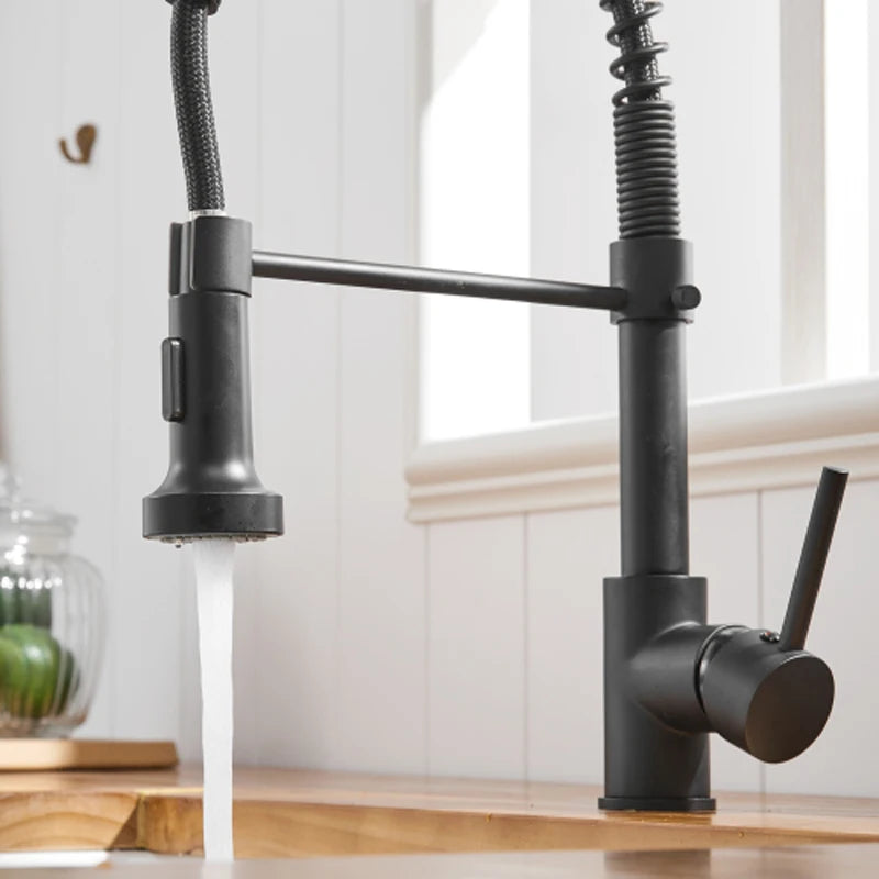 Black Kitchen Faucet 360 Degree Rotation Hot And Cold Wash Basin Tap With Pull Down Sprayer Single Handle Single Lever