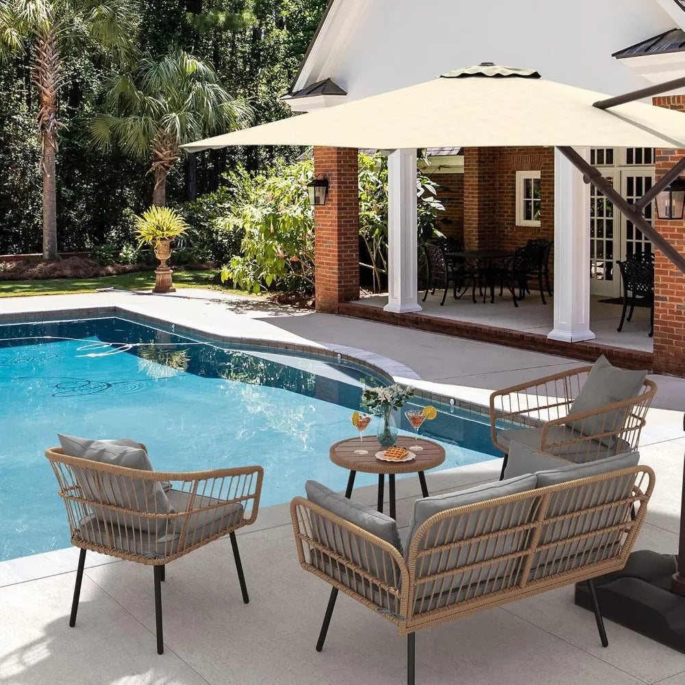 4 Pieces Patio Furniture Set, Outdoor Wicker Patio Conversation Set, All-Weather Rattan Bistro Set