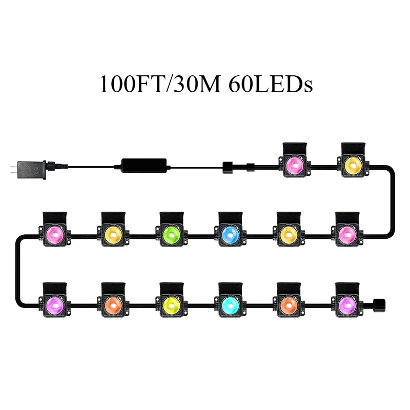 Smart Outdoor Light String 300 Ft RGBIC Outdoor Light With 16 Million Dimmable Warm White LED Bulbs Application  Control garden
