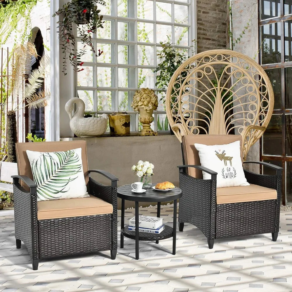 3 Piece Rattan Sofa Set, Patio Conversation Bistro Set w/Coffee Table, Seat and Back Cushions