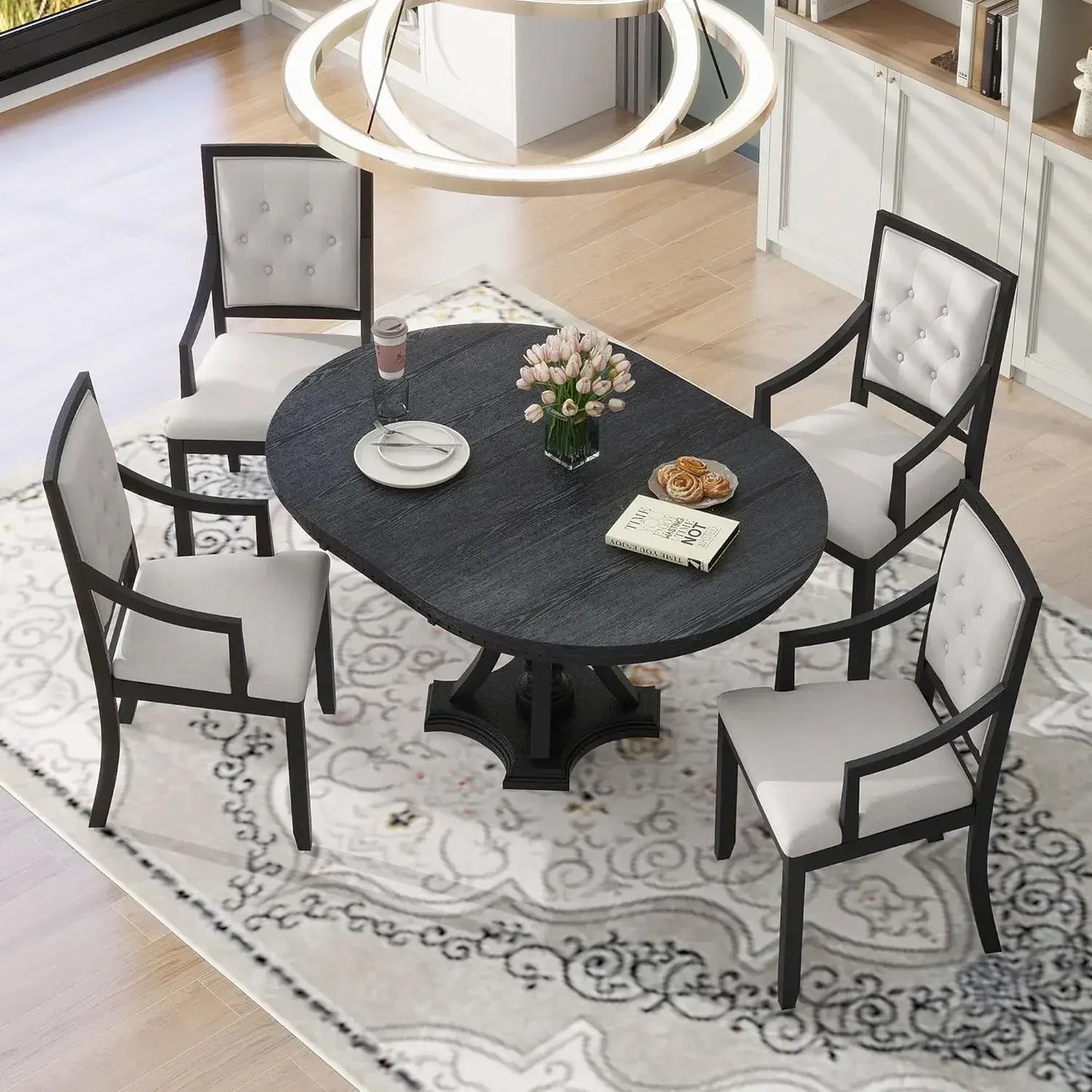 Dining Table Set for 4, Farmhouse Kitchen Table Set with 1 Extendable Round Table and 4 Upholstered Dining Chairs, Wooden