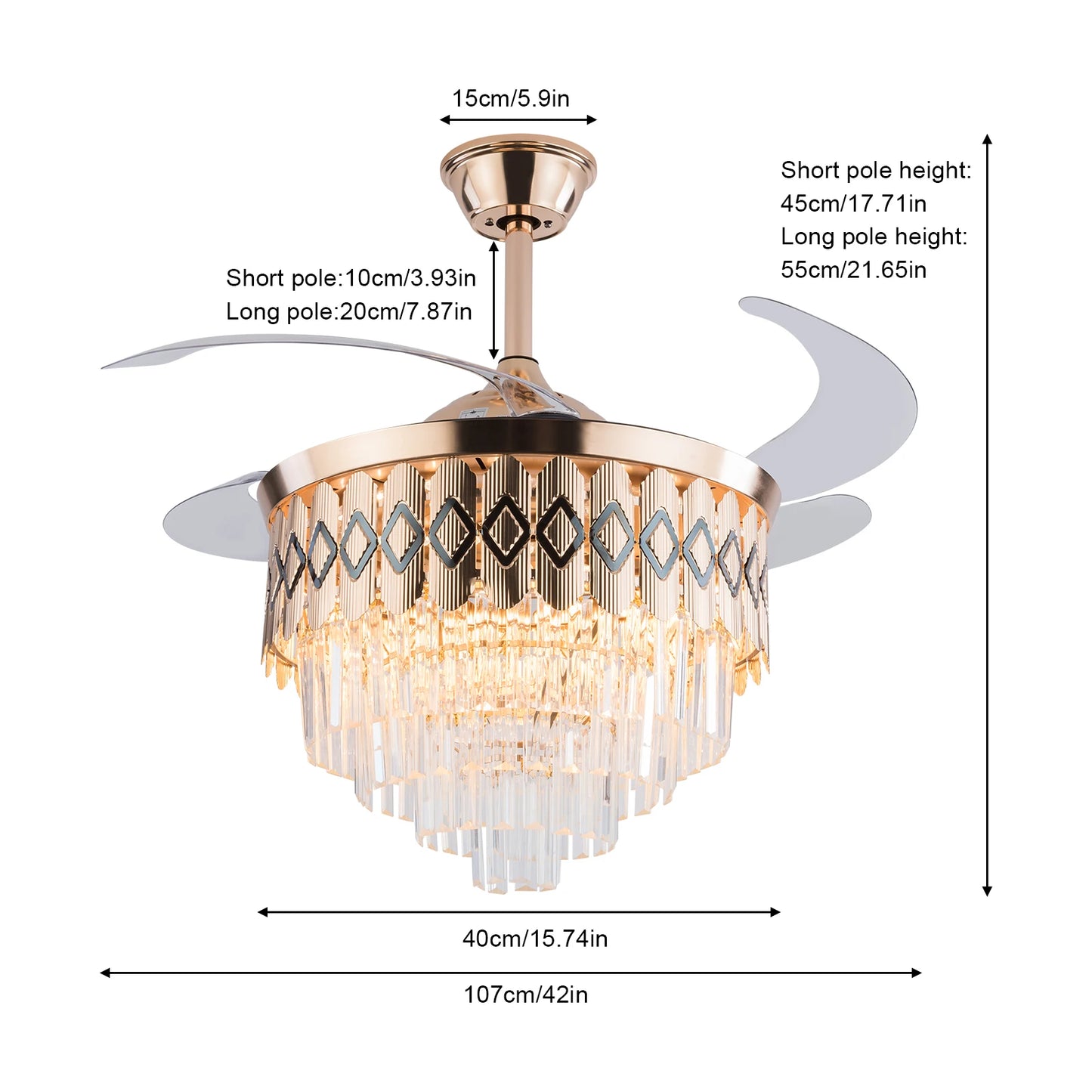 42 Inch Modern Ceiling Fan Light with Remote Retractable Blades 3-Color LED & Copper Finish 6-Speed Quiet Motor for Bedroom