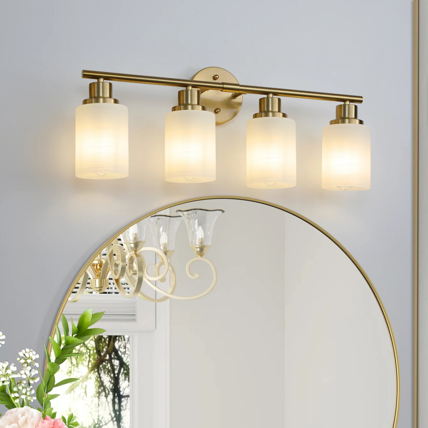 24" Modern 4-Light Vanity Bathroom Mirror Light, Frosted White Glass with Iron Frame, Contemporary Wall Sconce