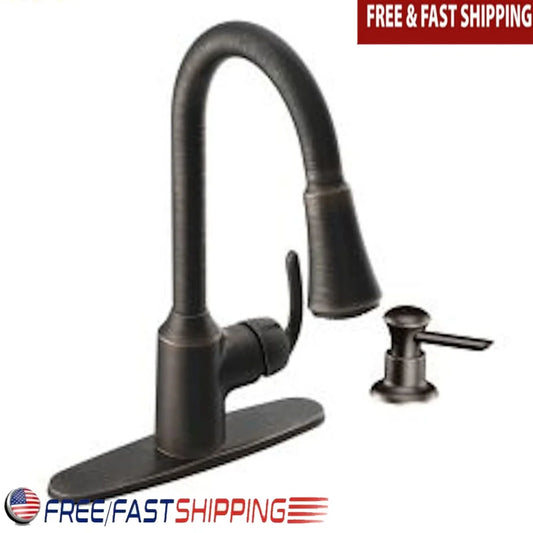 Mediterranean Bronze One-Handle High Arc Pulldown Kitchen Faucet Power Clean Reflex System Easy Installation Soap Dispenser ADA