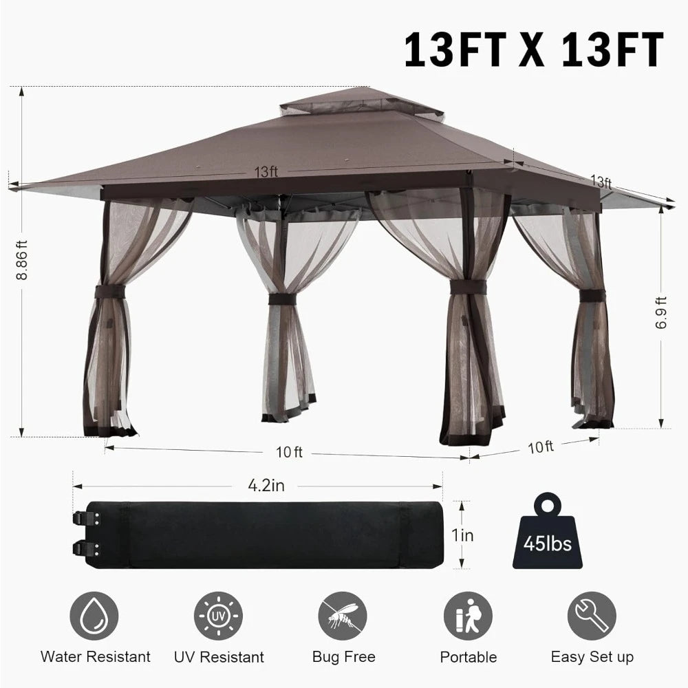 13x13 Outdoor Patio Gazebo with Mosquito Nettings - Double Roof Pop Up Canopy Tent with Wheeled Carry Bag, UV resistant Pergola