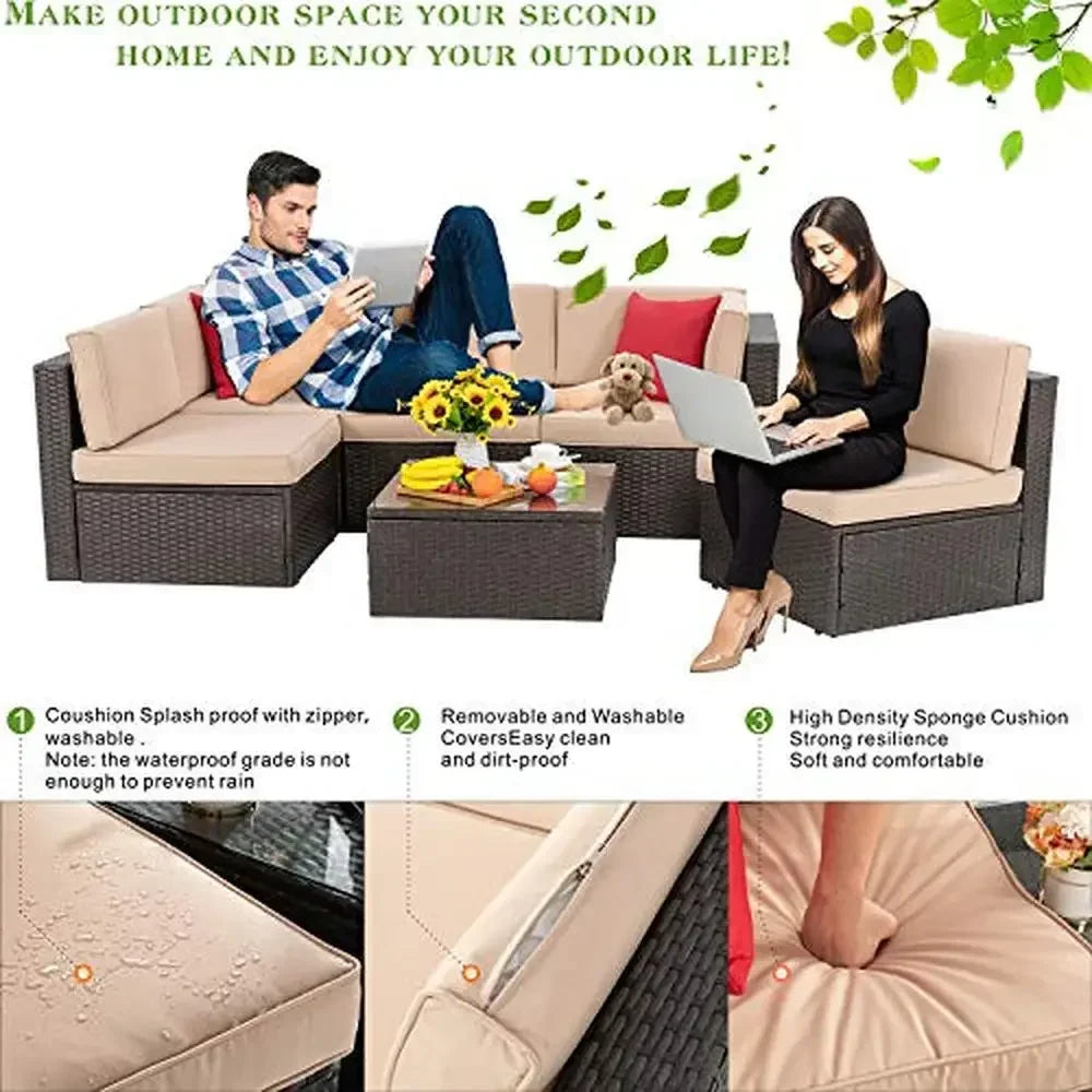 Outdoor Patio Furniture Set Wicker Rattan Sectional Sofa Glass Coffee Table Beige Cushions Gift Seat
