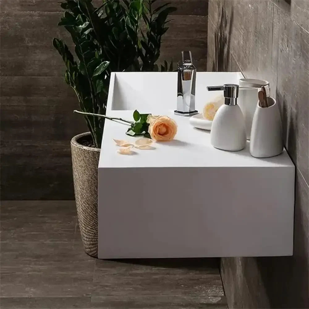Modern Matte White Wall-Mount Bathroom Sink with Storage Cubby Durable Stone Resin Construction