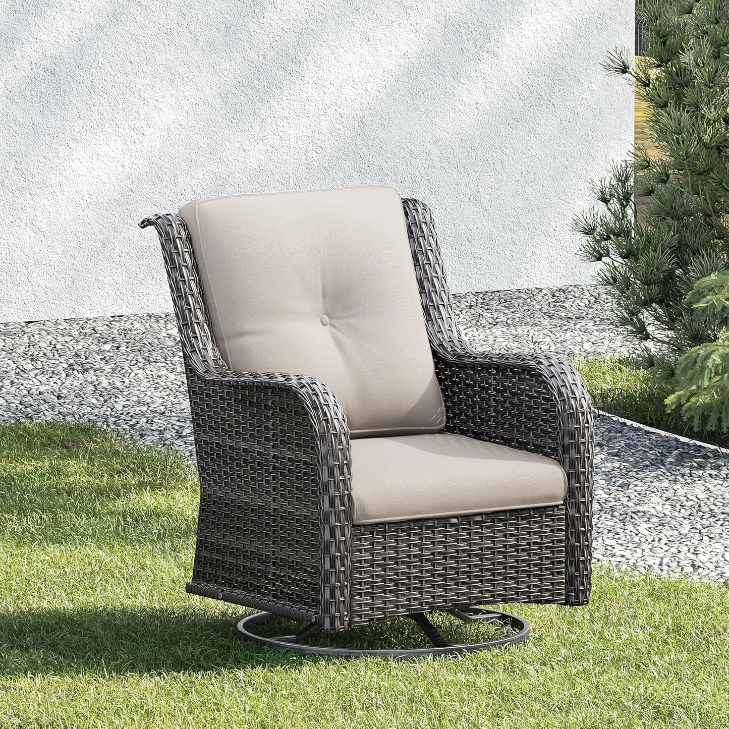 3 Pieces Luxury Wicker Patio Furniture, Outdoor Rattan Furniture with 2 High Back Patio Swivel Chair & Side Table, Thickened