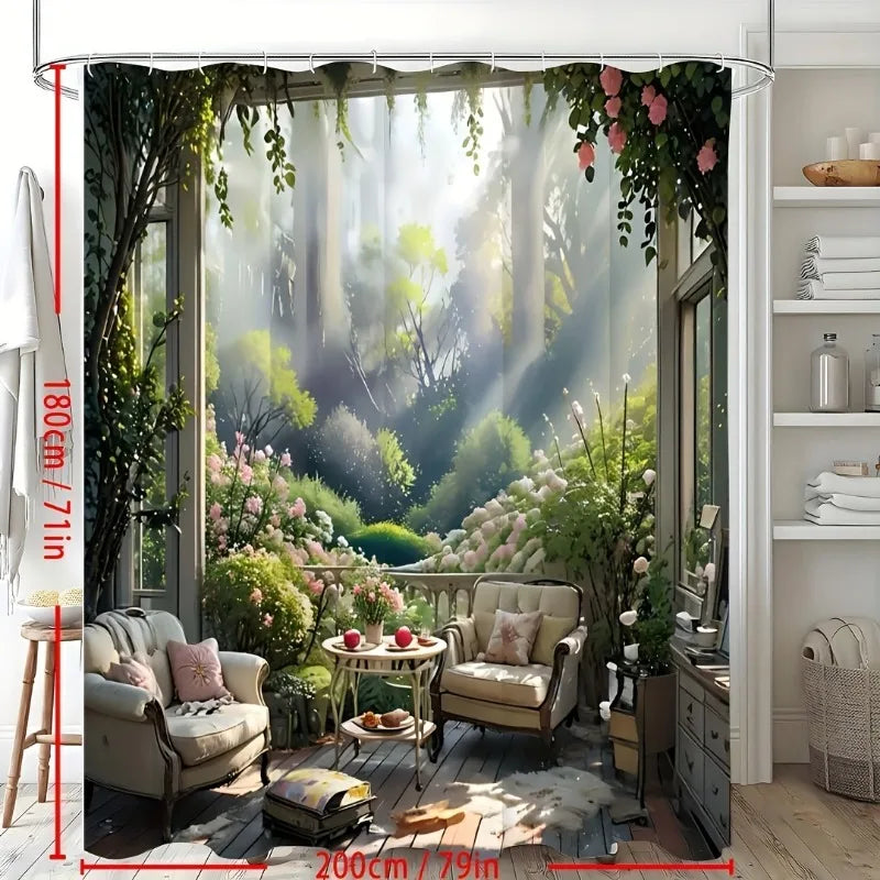 Romantic Pink Flower Shower Curtain - Water-Repellent & Durable Polyester, Lush Woven Weave Design, Complete with Hooks,