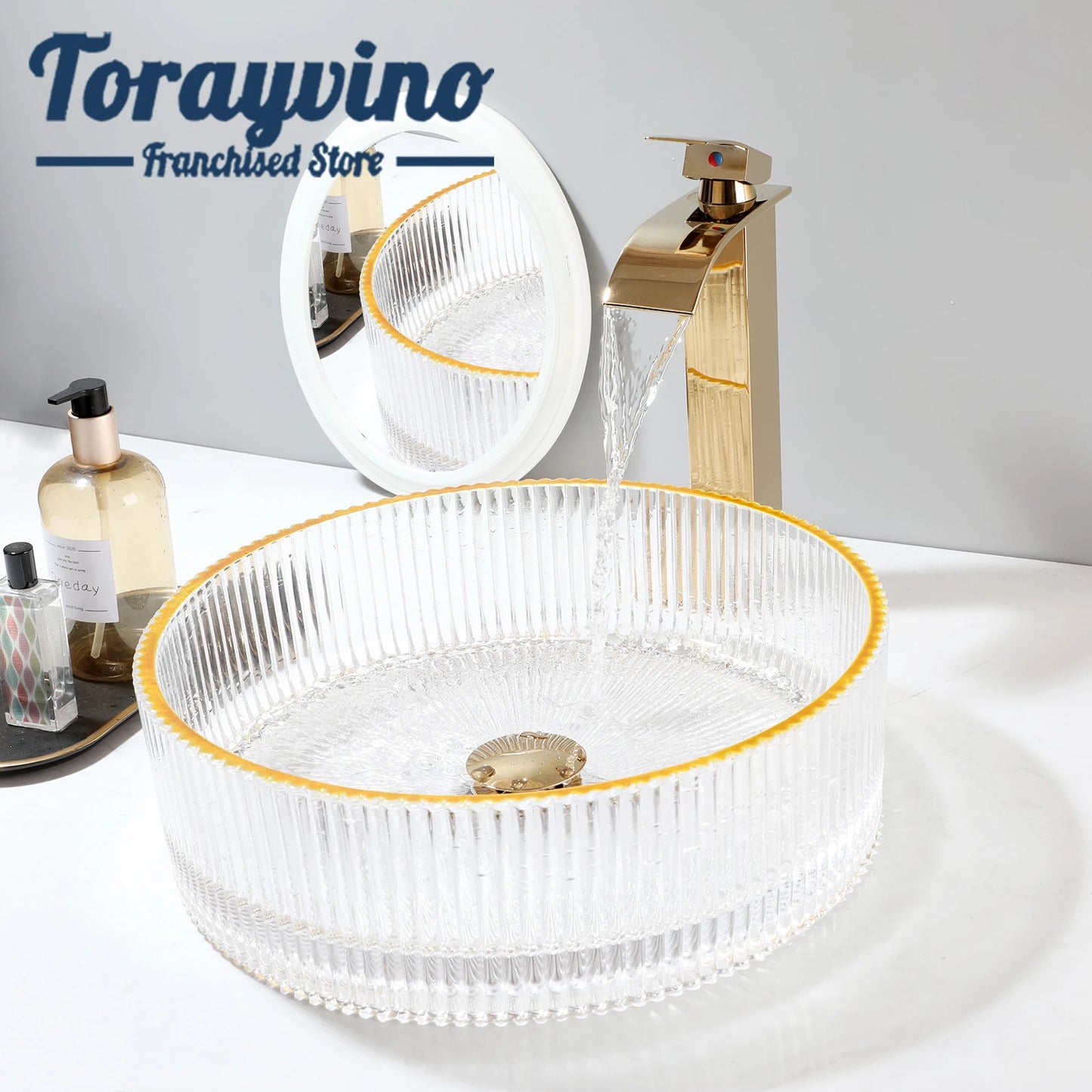 TORAYVINO Glass Bathroom Basin Sink Faucet Set Gold Rim White Vessel Vanity Top Sink  Two Hole Single Handle Faucet Mixer