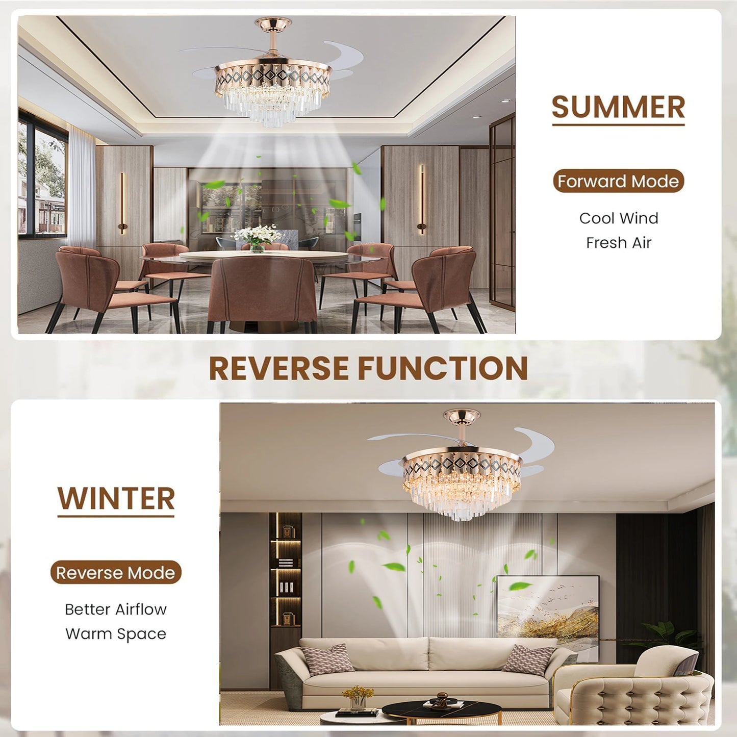 42 Inch Modern Ceiling Fan Light with Remote Retractable Blades 3-Color LED & Copper Finish 6-Speed Quiet Motor for Bedroom