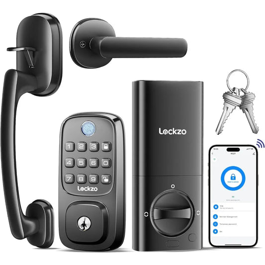 Smart Door Lock with Handle, Keyless Entry Door Lock Deadbolt Handle Set, Built-in WiFi Deadbolt Smart Lock for Front, Fingerpri