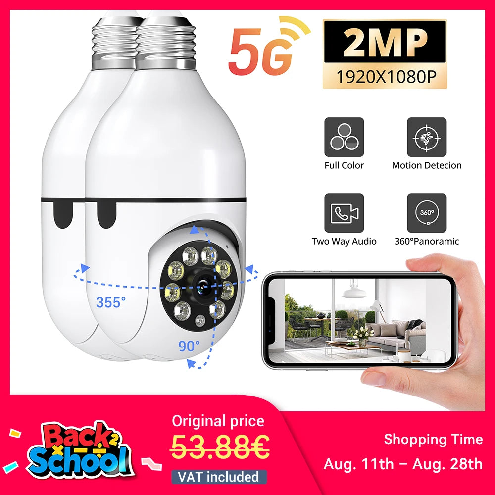 2Pc Ease Life APP-Light Bulb Security Cameras Outdoor Wireless WiFi Camera 5GHz, 360 Degree, E27 Light Socket Screw In Securi